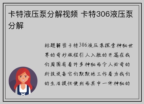 卡特液压泵分解视频 卡特306液压泵分解